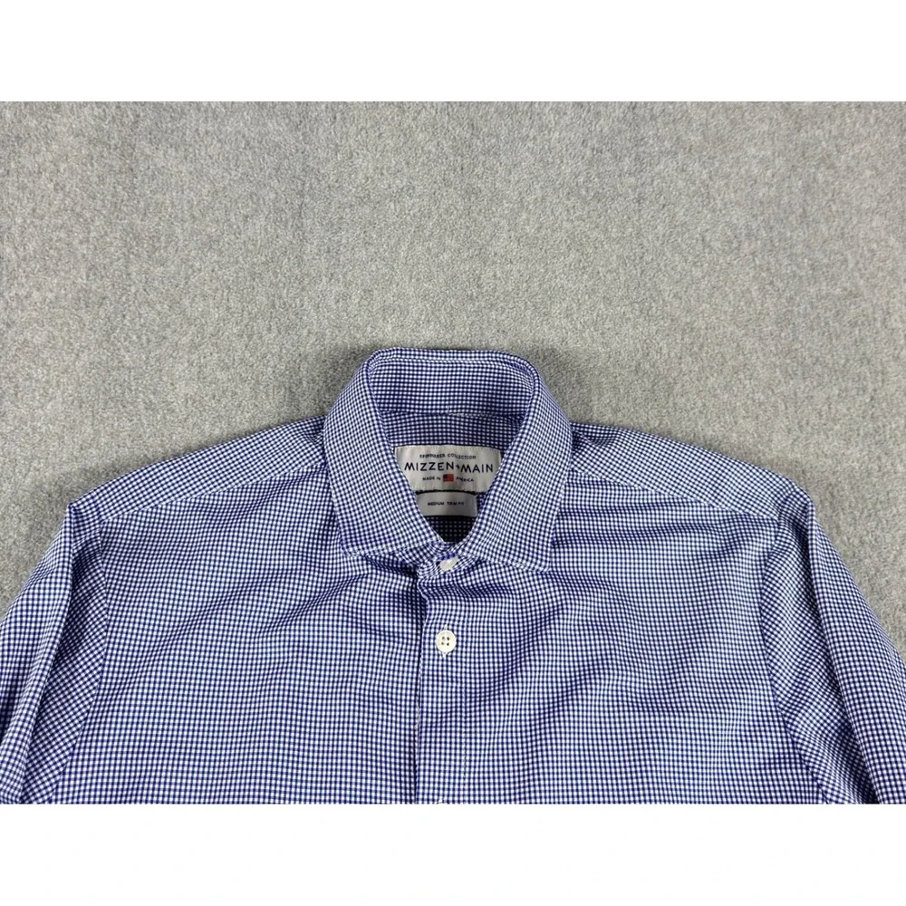 Mizzen+Main Spinnaker Collection Blue Gingham Shirt Mens Medium Trim Fit Stretch